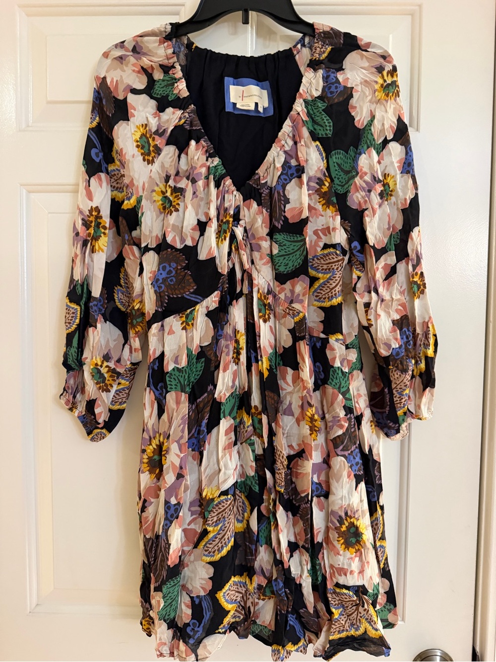 Anthropologie Floral V-Neck Tiered Dress in Black with Multicolor Print